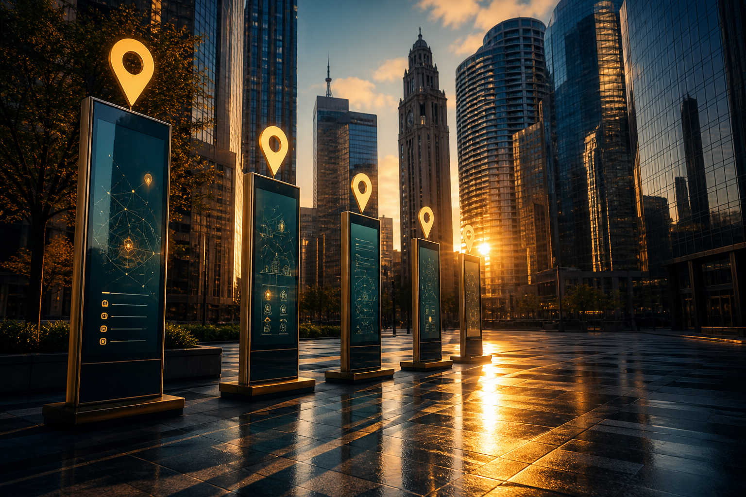 Downtown business district at golden hour with glowing location pins for major directory citations