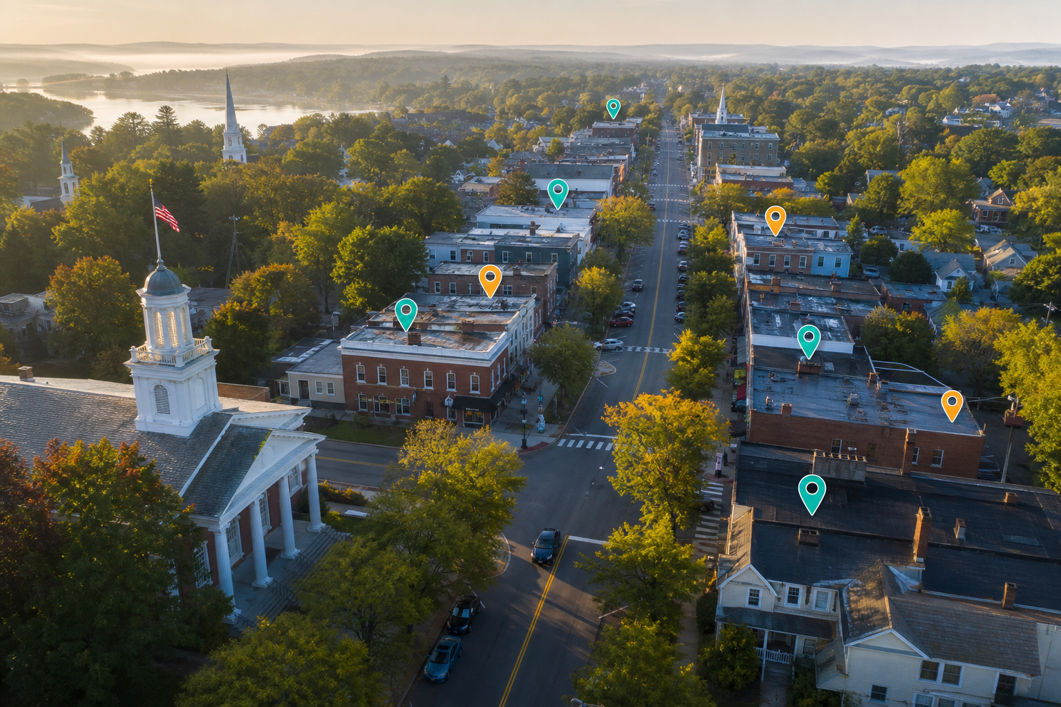 Tree-lined main street and local shops with map pins representing regional citation listings