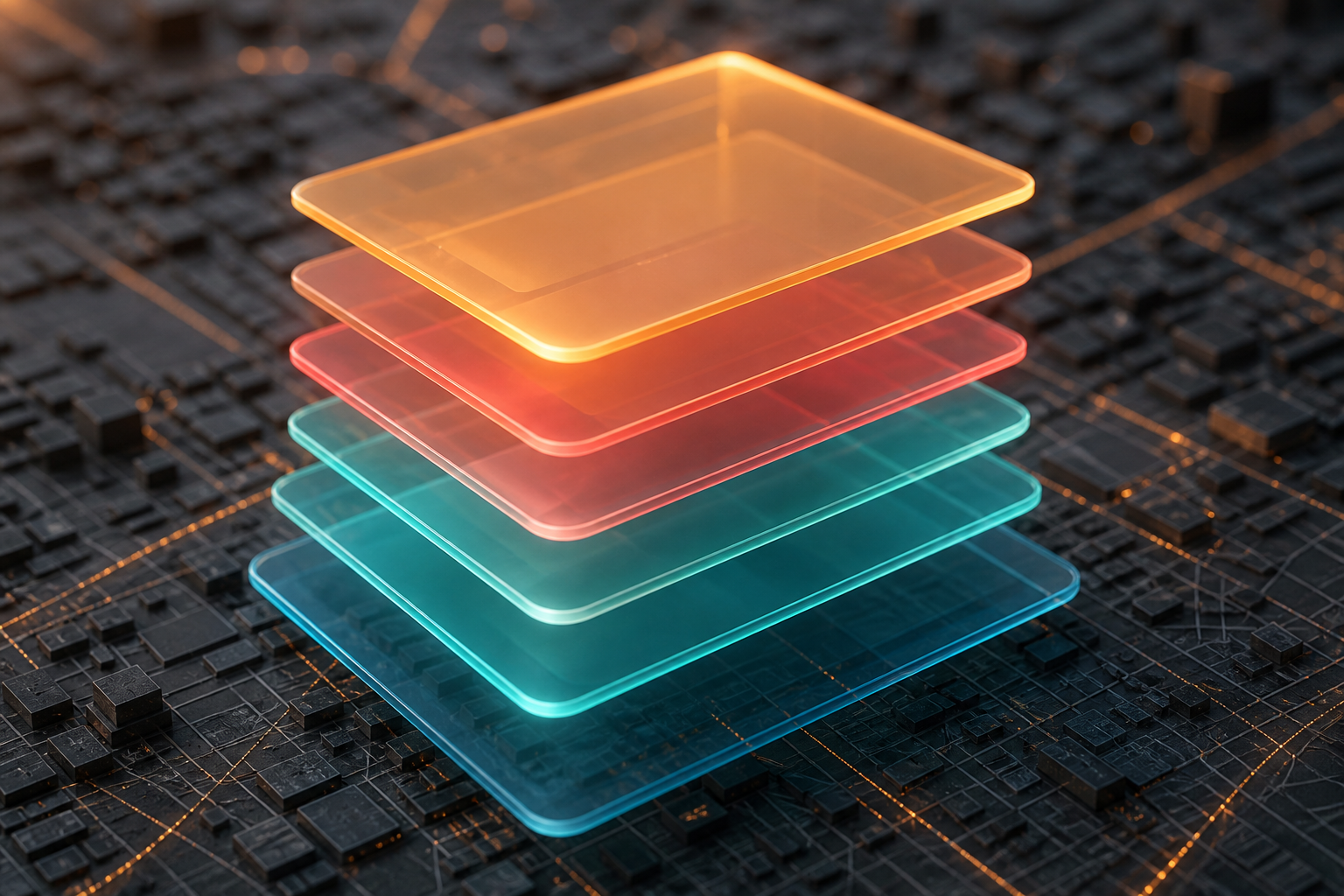 Layered glowing glass cards above a city map illustrating stacked citation strategy