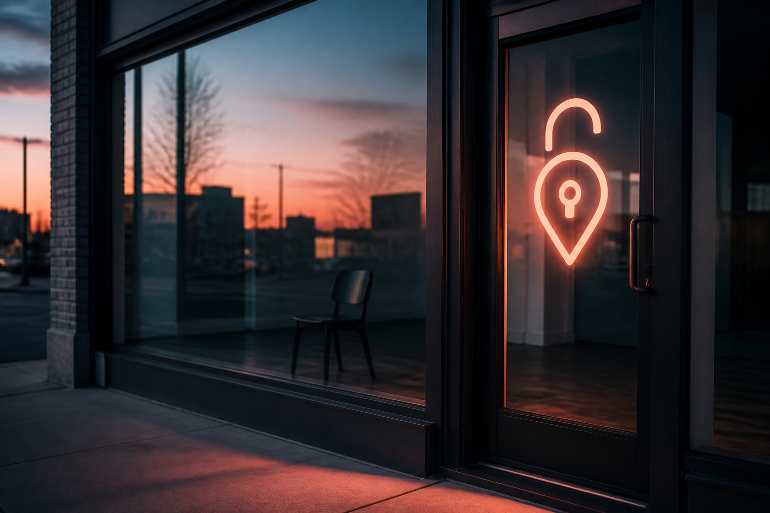 Storefront at dusk with a glowing map pin suggesting an unclaimed business listing