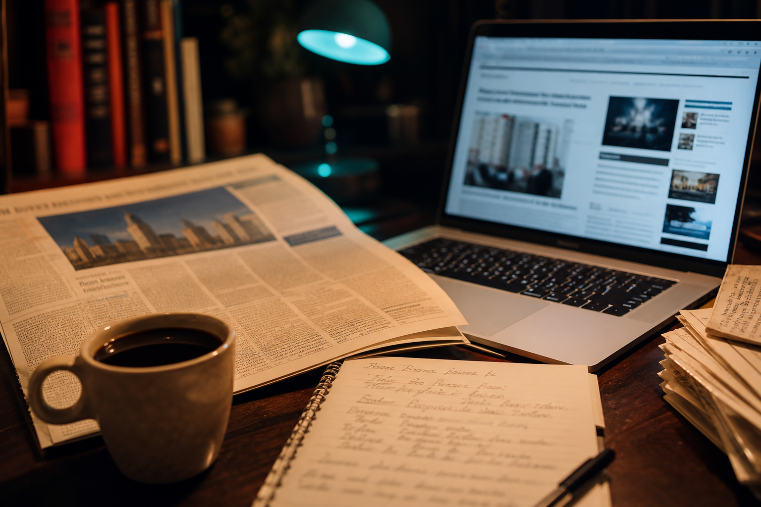 Desk with newspaper, laptop article, and notes representing unstructured citation mentions