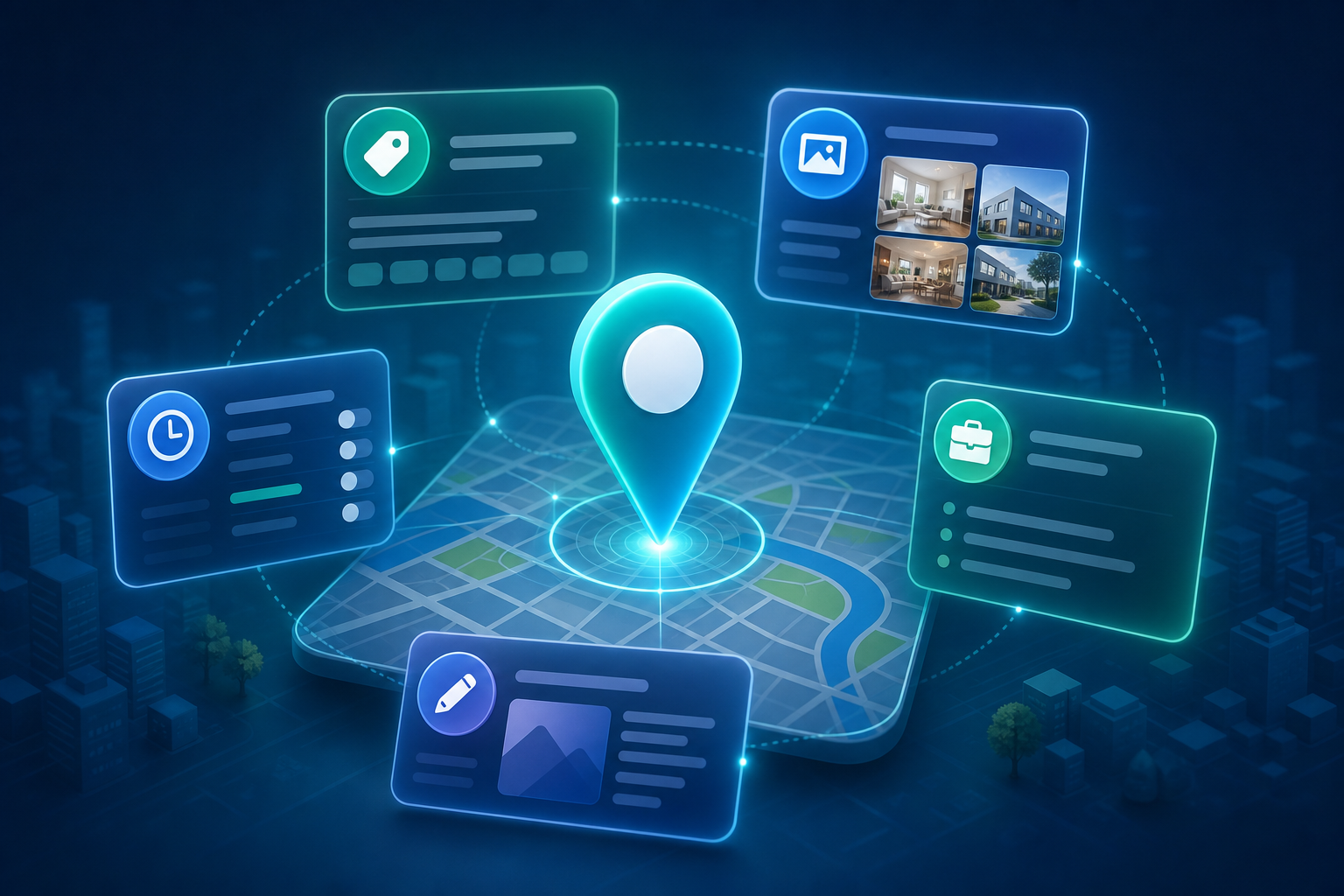 GMB optimization fields and Maps pin illustration