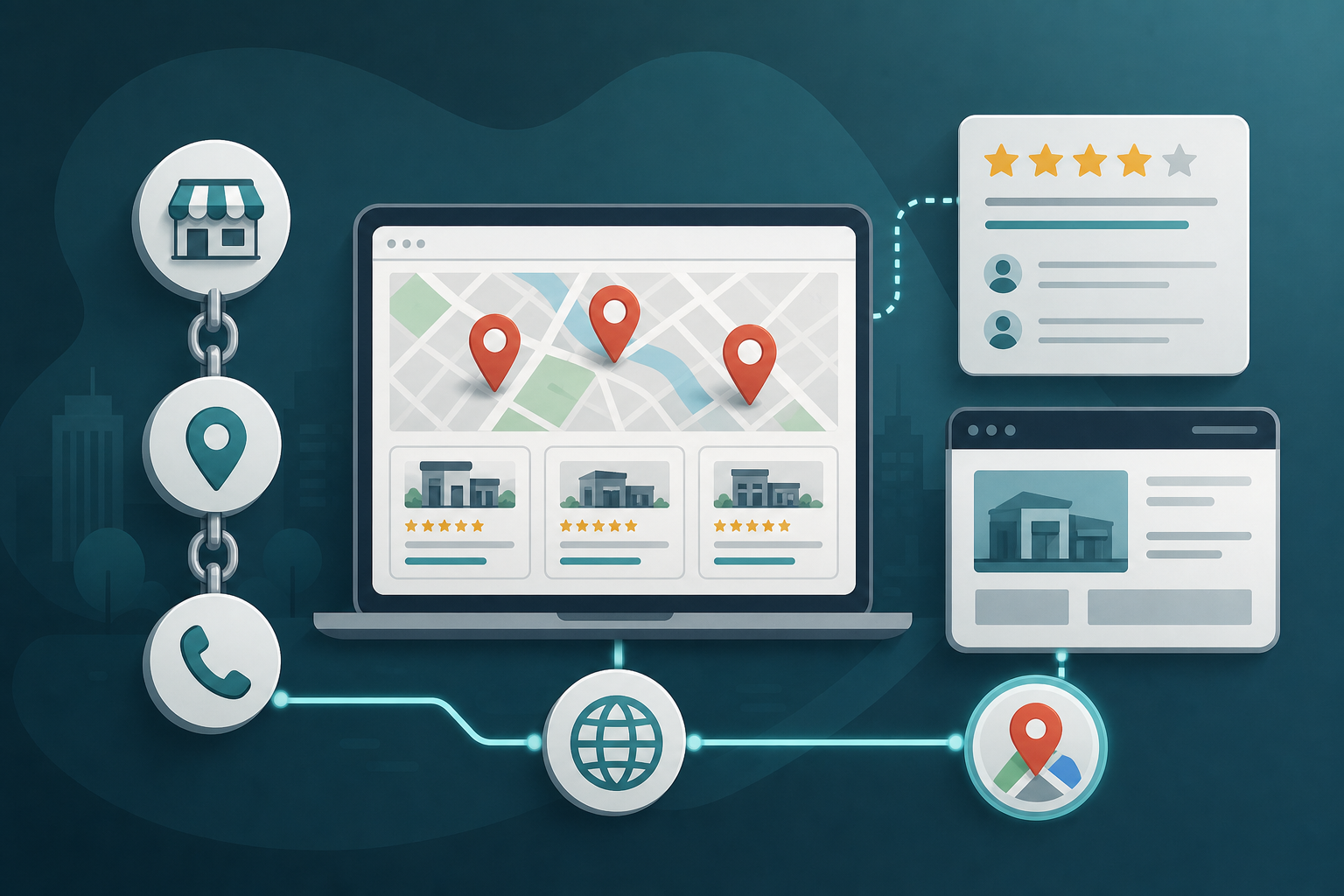 Local SEO map pack citations and reviews illustration